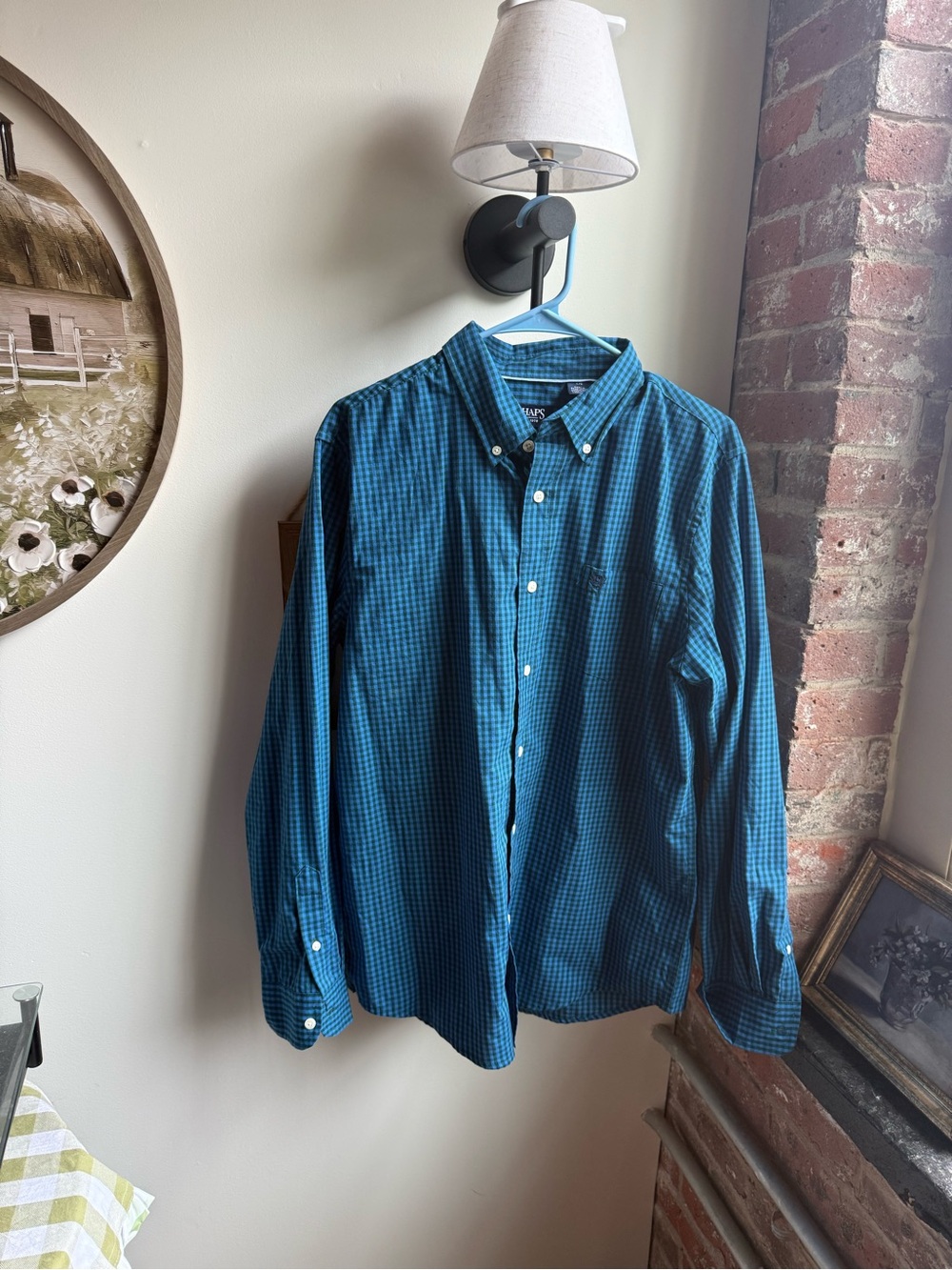 Chaps Men's Teal and Navy Micro-Plaid Button-Down Shirt